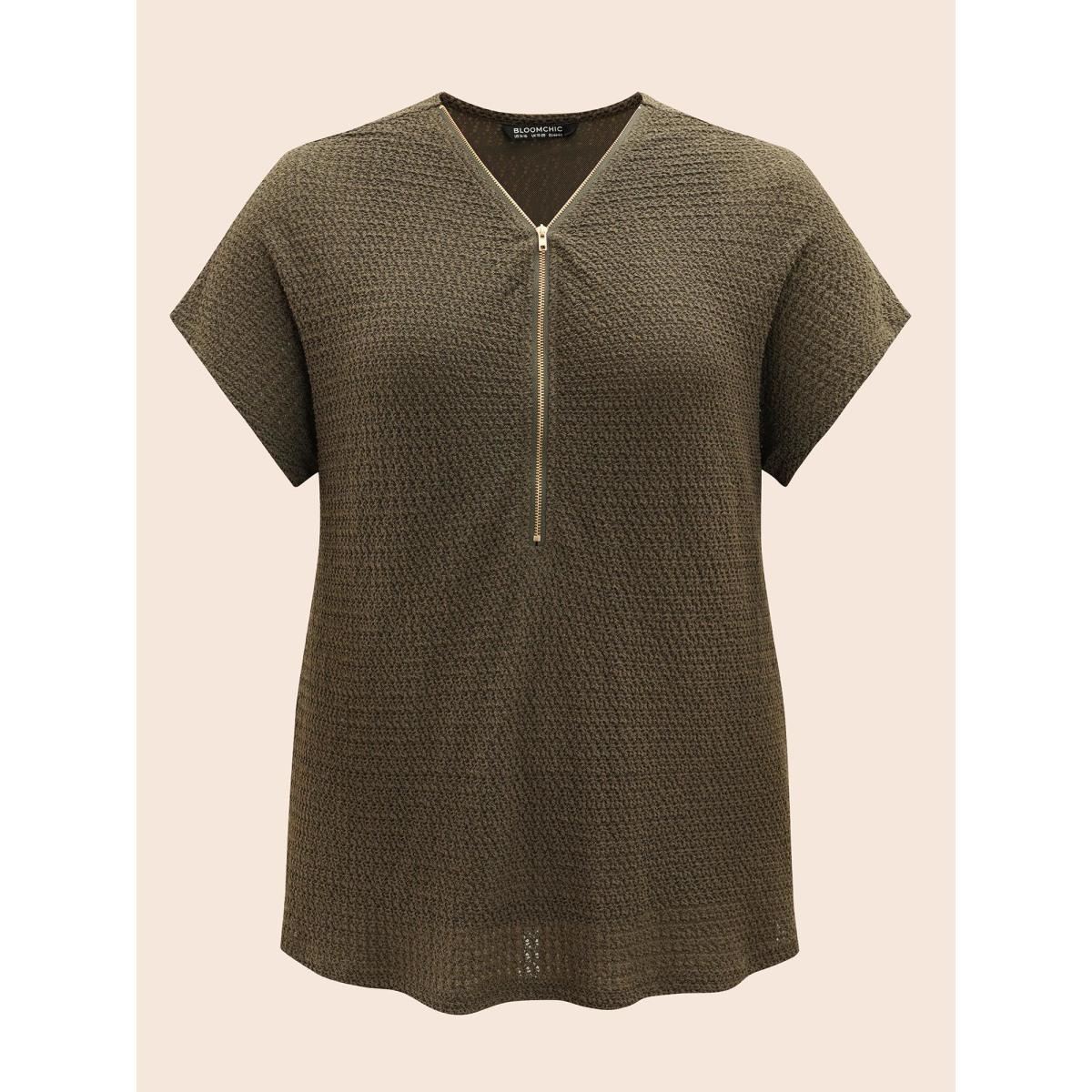 Plus Size Texture Half Zip Batwing Sleeve T-shirt ArmyGreen Women Casual Texture V-neck Everyday T-shirts BloomChic 22-24/3X Product Image