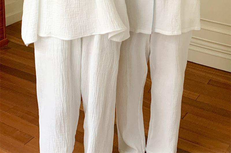Couple Matching Long-Sleeve Contrast Trim Pajama Top / Pants / Midi Sleep Dress / Set (Various Designs) Product Image