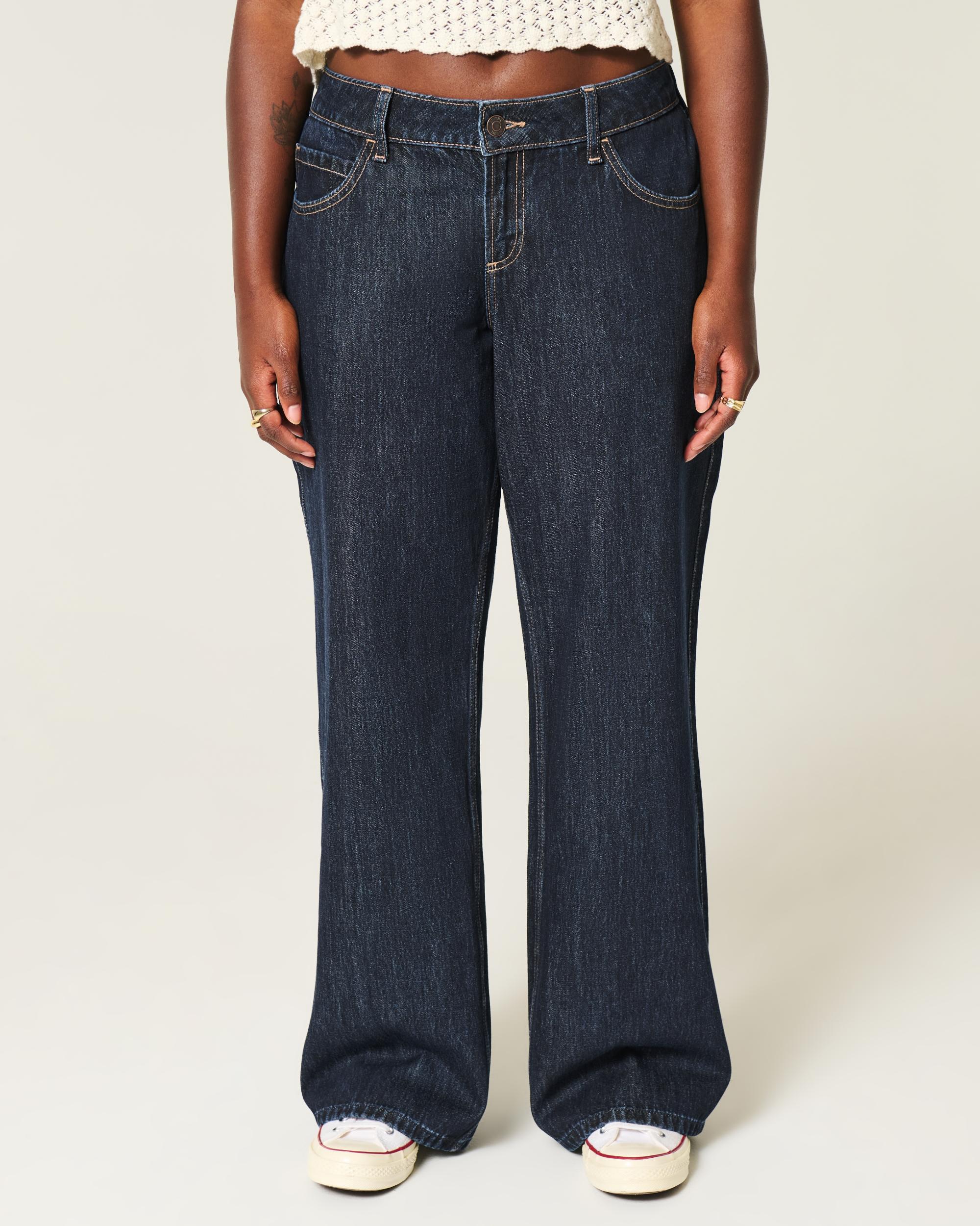 Curvy Low-Rise Dark Wash Foldover Waist Baggy Jeans Product Image