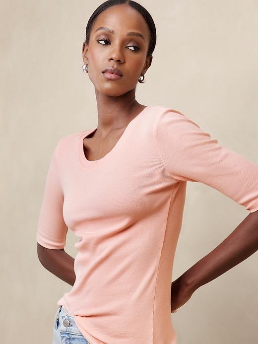 Ribbed Elbow-Sleeve T-Shirt Product Image