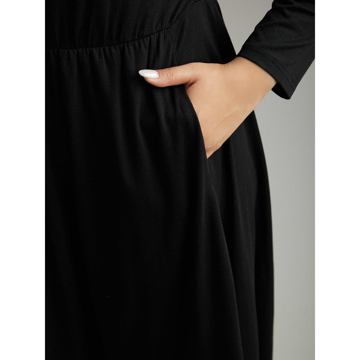 Plus Size Supersoft Essentials Solid Button Detail Dress Black Women Casual Plain Round Neck Long Sleeve Curvy Midi Dress BloomChic 12/L Product Image