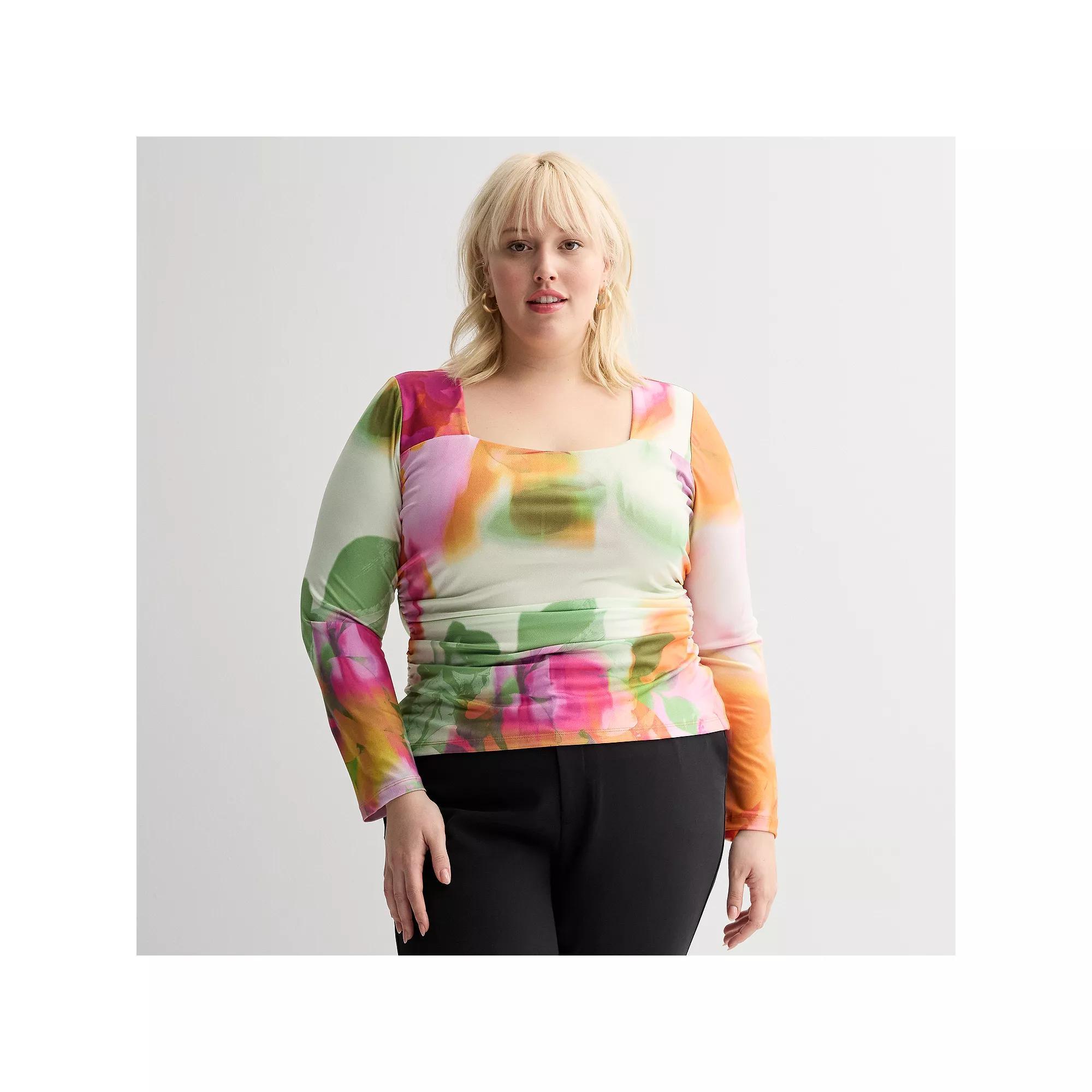Plus Size INTEMPO™ Long Sleeve Square Neck Top, Women's, Size: 1XL, Pink Garden Product Image