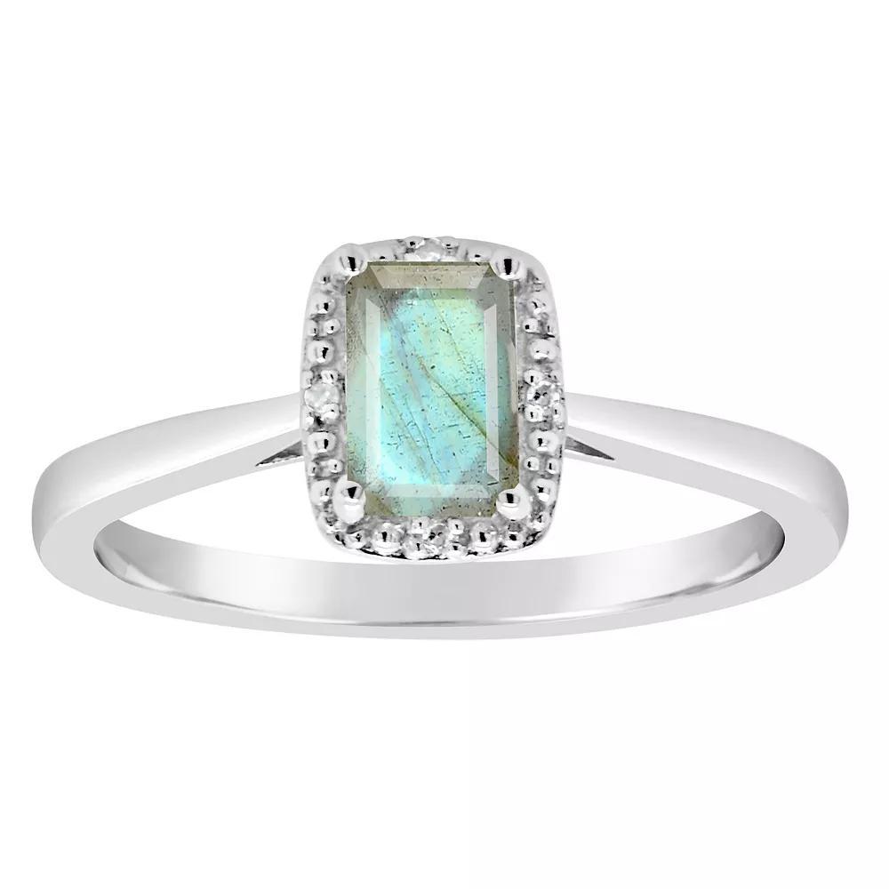 Celebration Gems Sterling Silver 6 mm x 4 mm Emerald Cut Labradorite & Diamond Accent Halo Ring, Women's Product Image