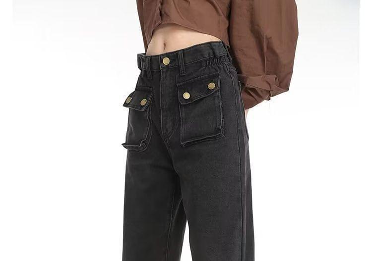 Mid Waist Pocket Detail Wide Leg Jeans Product Image