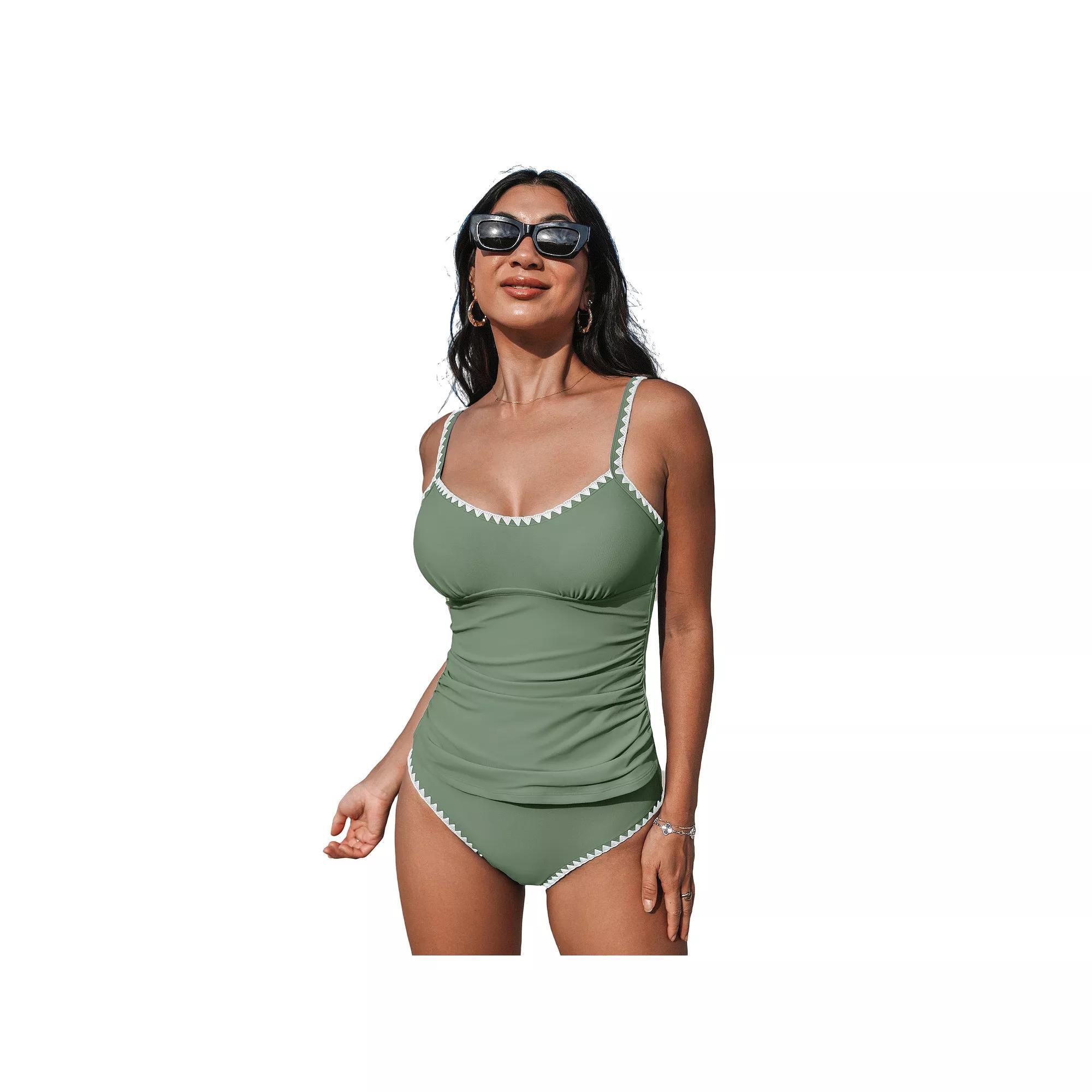 Women's Cupshe 2-pc. Scoop Neck Shell Stitch Ruched Tankini Swim Top & Swim Bottoms Set, Size: XL, Green Product Image