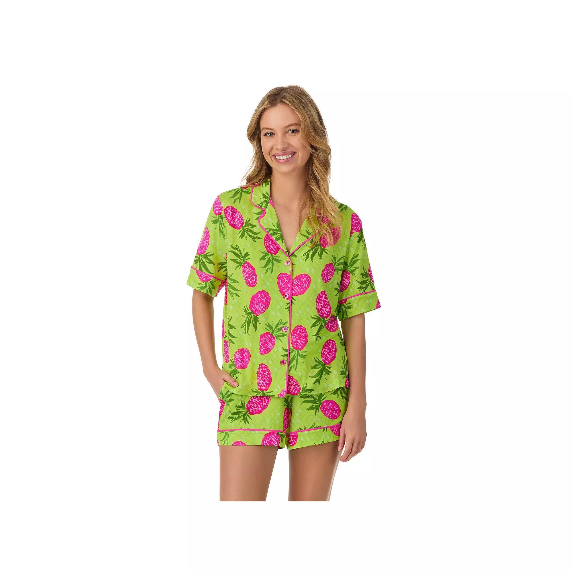 Women's Beauty Sleep Social Short Sleeve Button Front Pajama Top & Pajama Boxer Set, Girl's, Size: Large, Green Prt Product Image