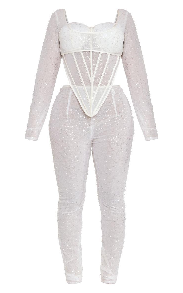 Shape White Sequin Mesh Corset Detail Jumpsuit Product Image