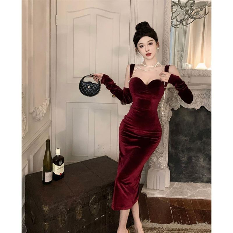 Wide Strap Velvet Midi Bodycon Dress Product Image