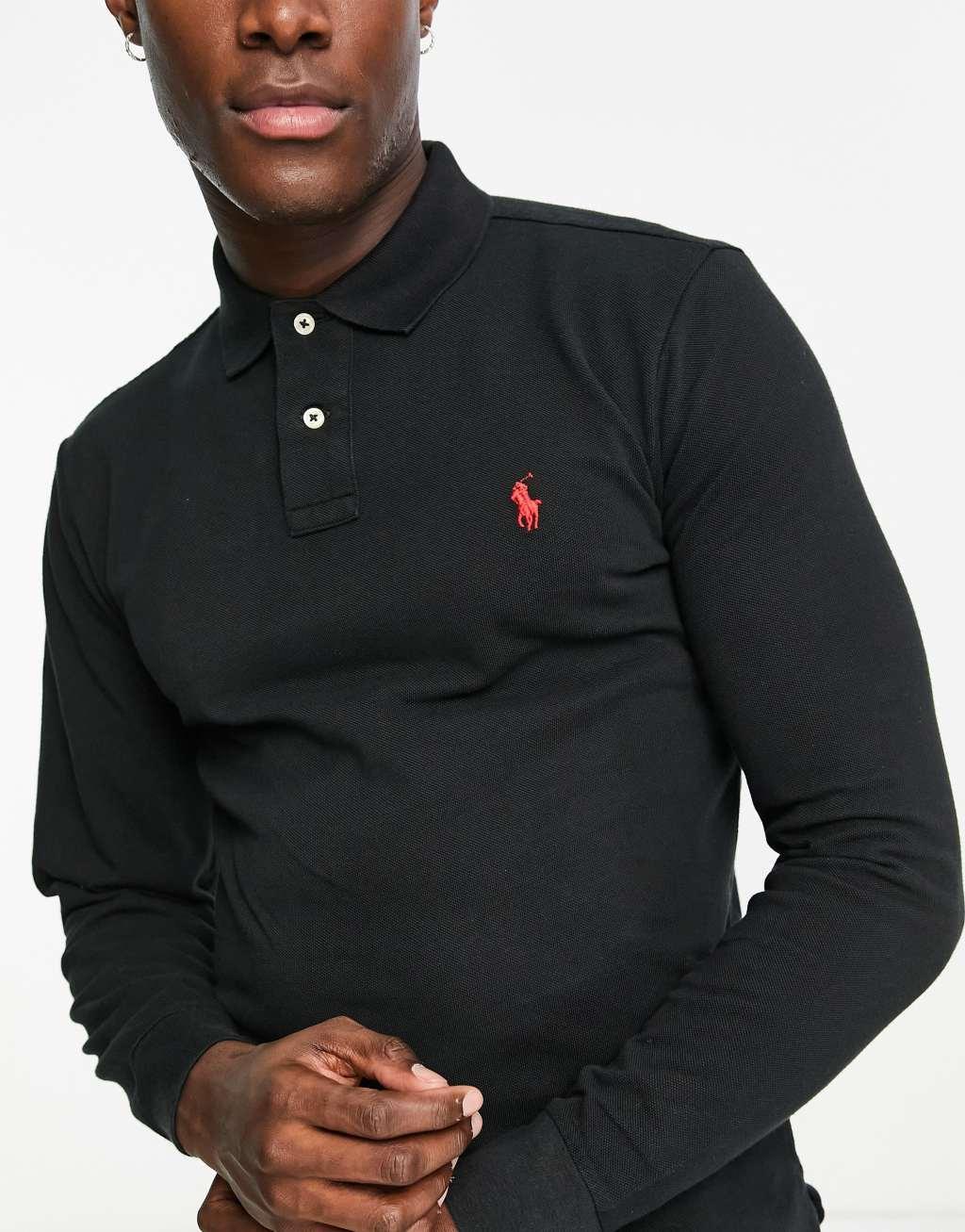Polo Ralph Lauren icon logo slim fit long sleeve pique polo in black Product Image