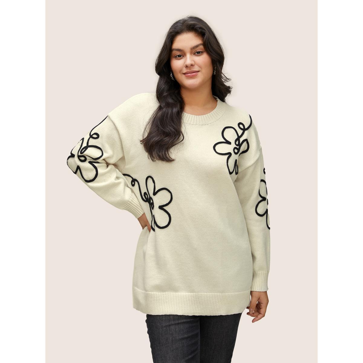 Plus Size Supersoft Essentials Floral Embroidered Crew Neck Pullover Beige Women Casual Loose Long Sleeve Round Neck Everyday Pullovers BloomChic 22-24/3X Product Image