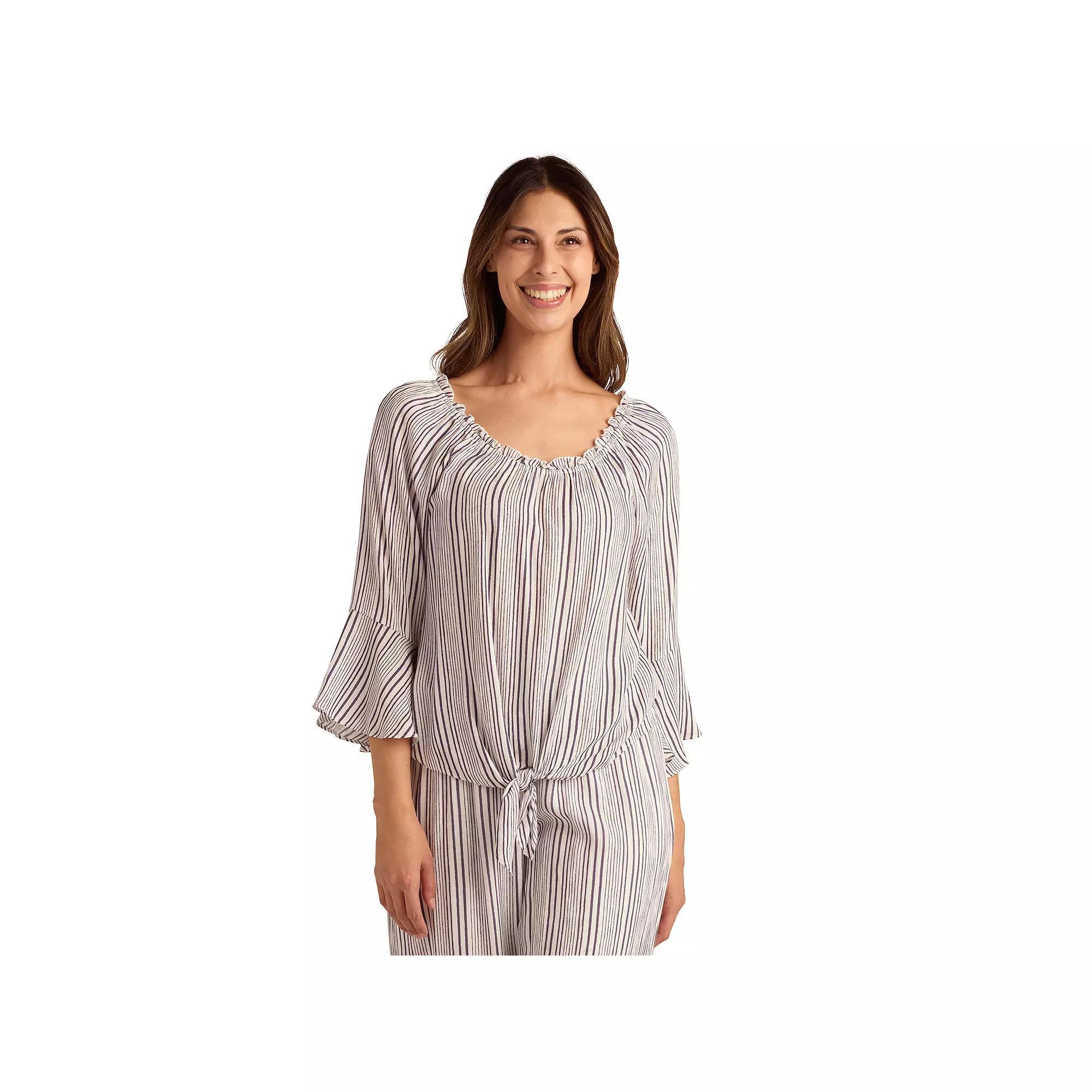 Women's AB Studio Off Shoulder Tie Front Bell Sleeve Top, Size: Large, Blue Stripe Product Image