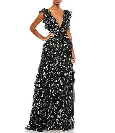 Mac Duggal Floral Print Tiered Ruffle Hem Deep V-Neck Sleeveless Embellished Waist Open Back Gown Product Image