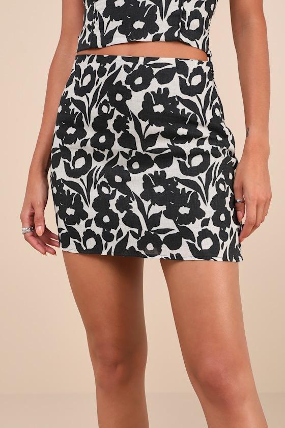Flirty Direction Black and Ivory Floral Linen Mini Skirt Product Image