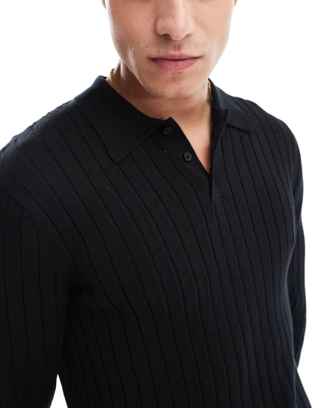 ASOS DESIGN essential muscle fit knitted rib polo neck sweater in black Product Image