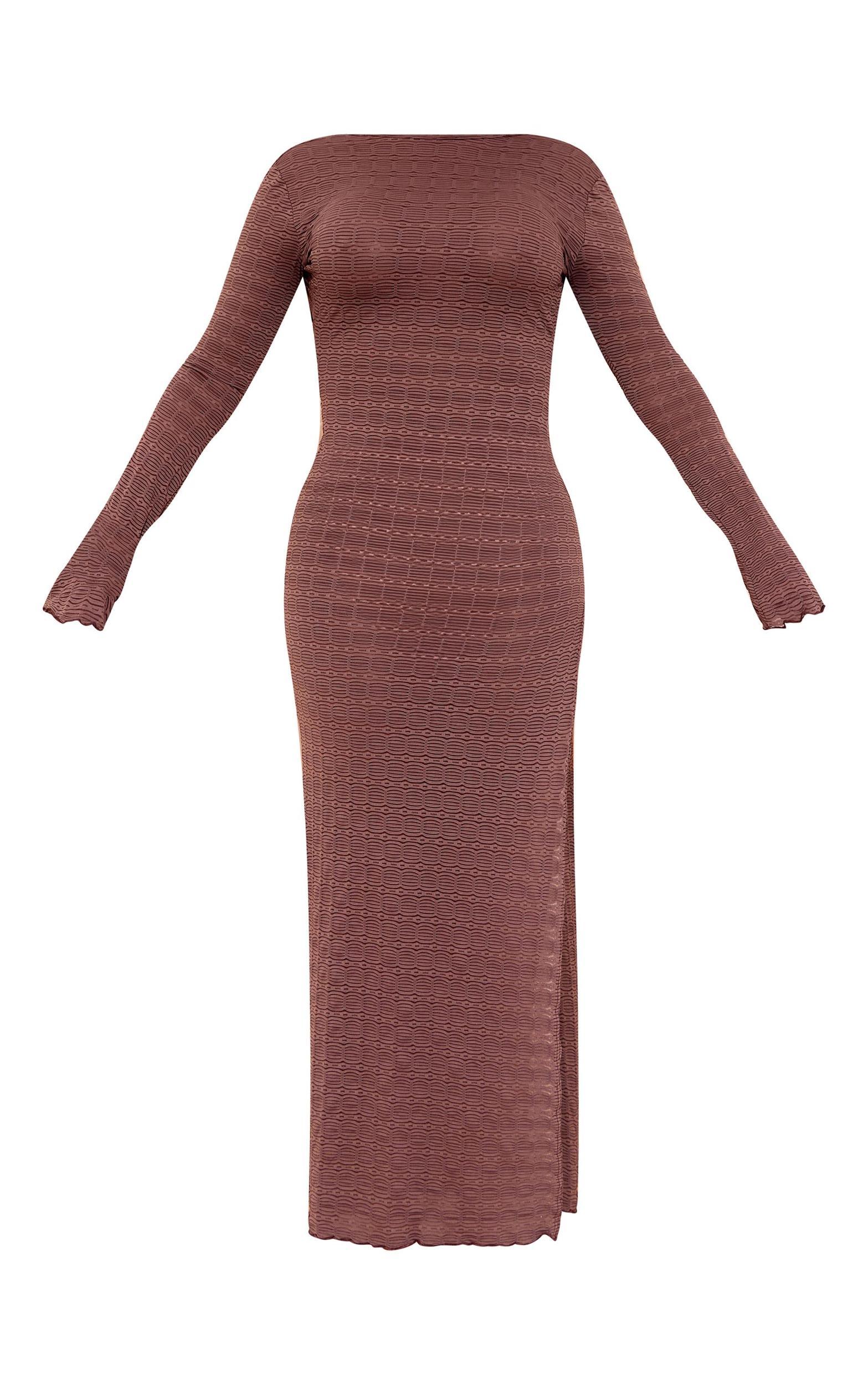 Brown Textured Mesh Scoop Back Flare Sleeve Maxi Dress Product Image