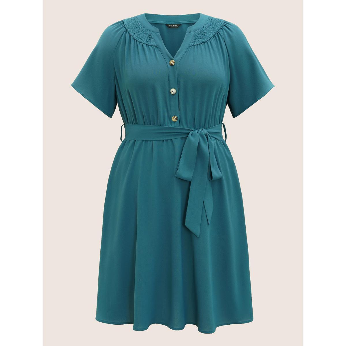 Plus Size Shirred Notched Button Up Belted Dress Aegean Women Elegant Gathered Flat collar with V-notch Short sleeve Curvy BloomChic 28/5X Product Image