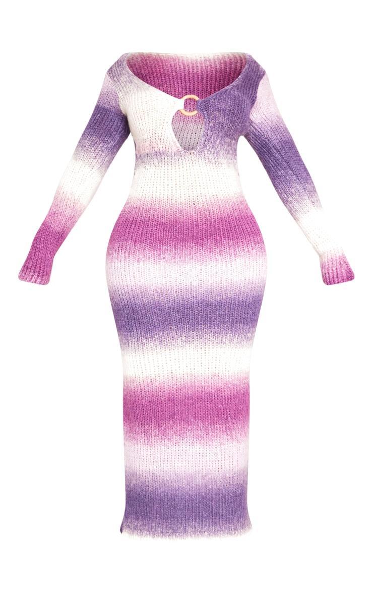  Shape Purple Ombre Knit Plunge Ring Long Sleeve Midaxi Dress Product Image