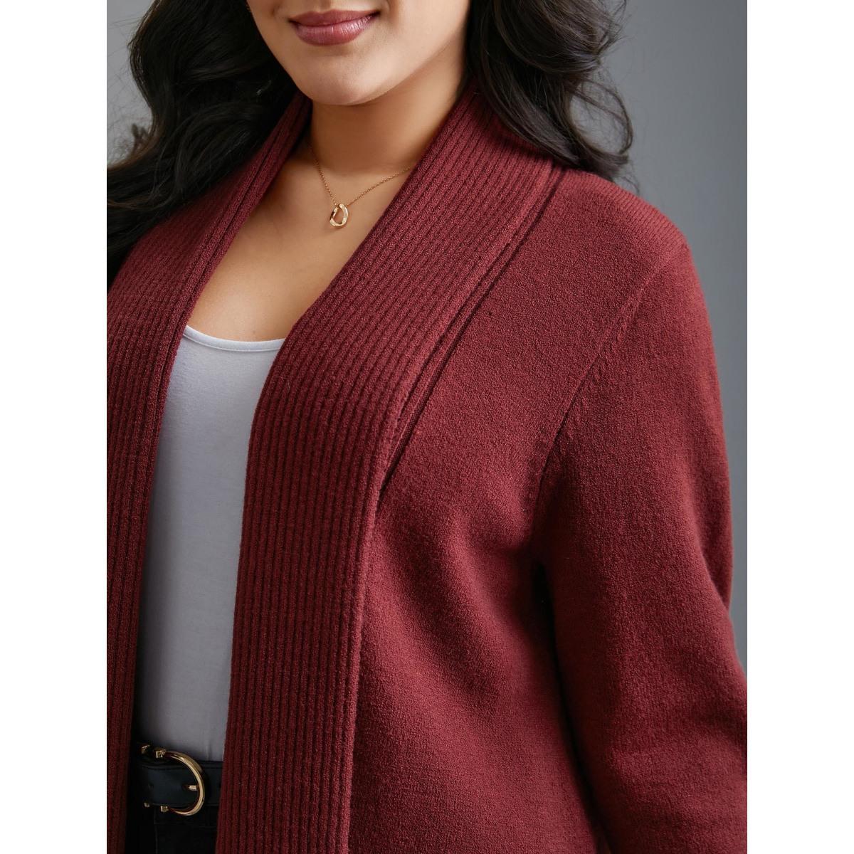 Plus Size Kimono Collar Texture Knit Ruffle Hem Cardigan Deepred Women Casual Loose Long Sleeve Everyday Cardigans BloomChic 10/M Product Image
