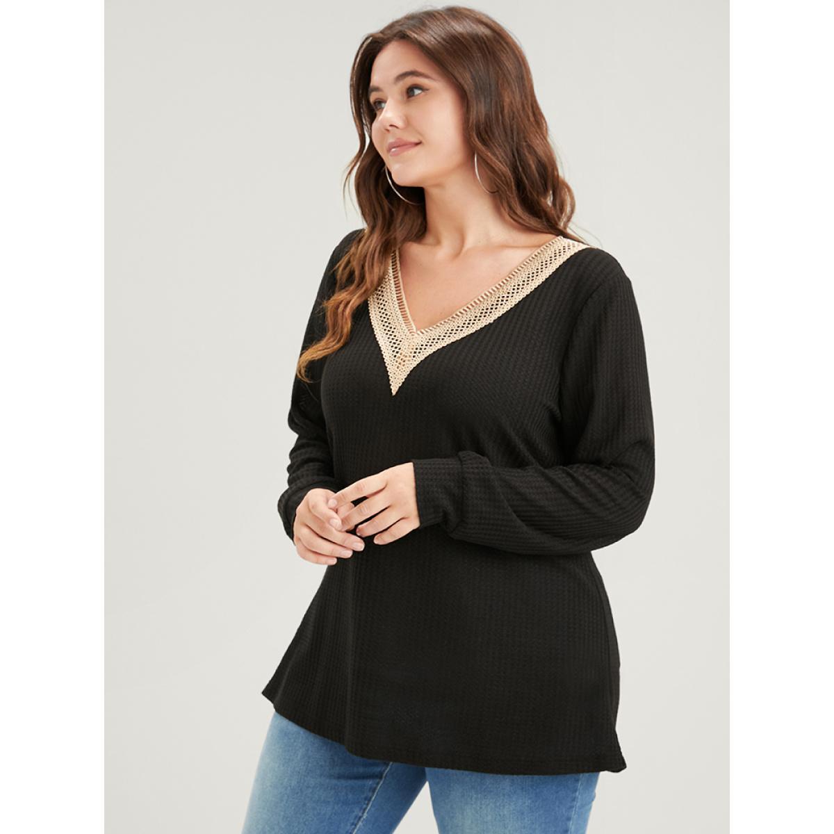Plus Size Solid Drop Shoulder Contrast Lace Waffle Knit Sweatshirt Women Black Casual Patchwork V-neck Dailywear Sweatshirts BloomChic 28/5X Product Image
