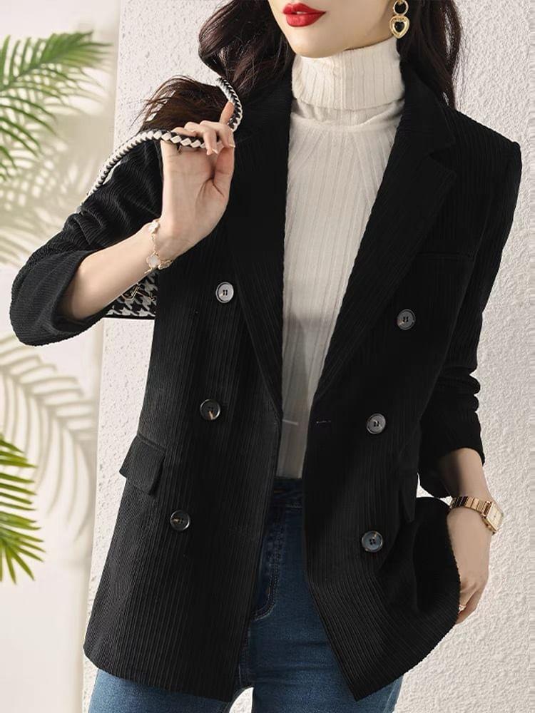 Lapel Collared Corduroy Double-Breasted Long Blazer Product Image