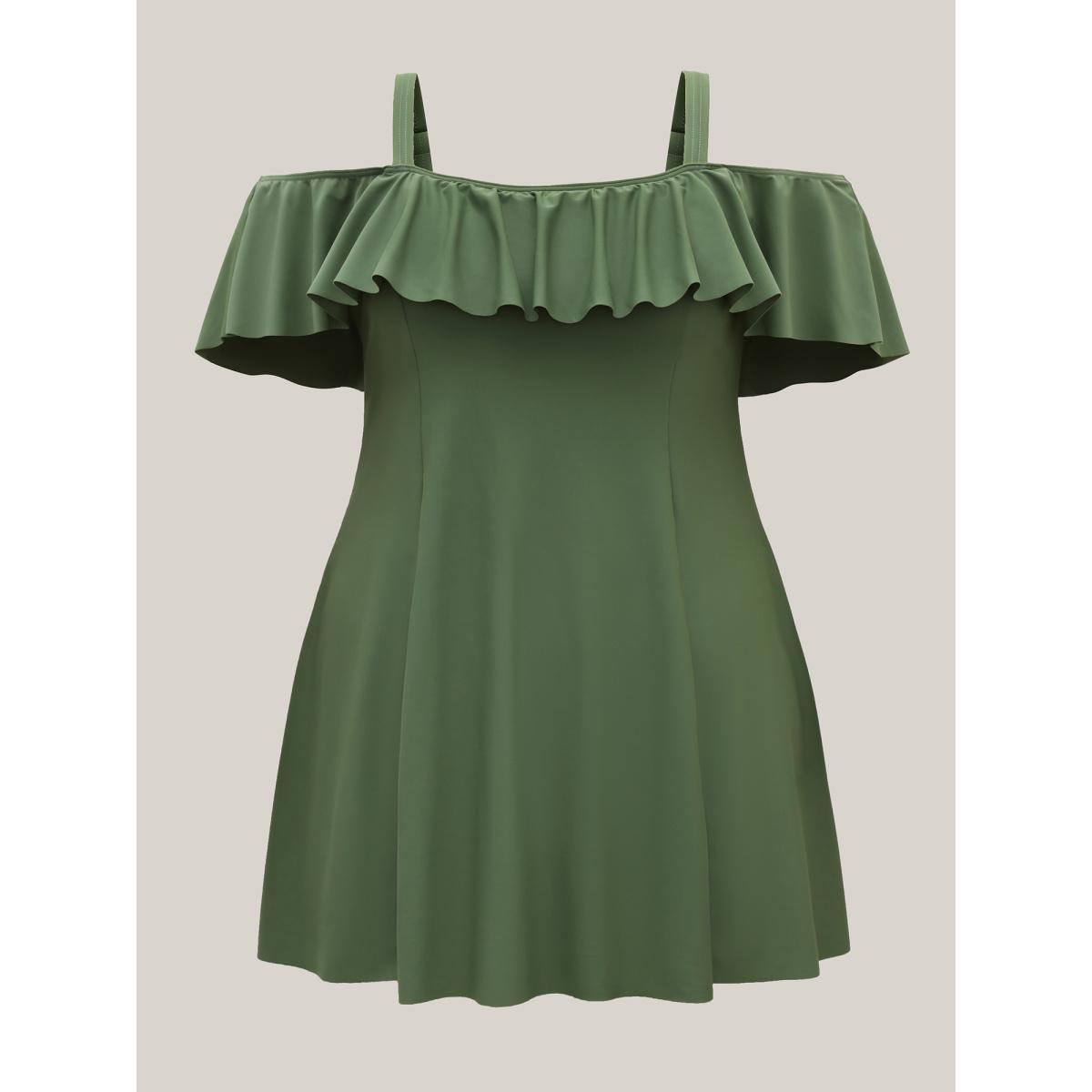 Plus Size Ruffled Non-Removable Cups Swim Dress Women's Swimwear ArmyGreen Beach Bodycon One-shoulder neck High stretch Curve Swim Dresses BloomChic 30/6X Product Image