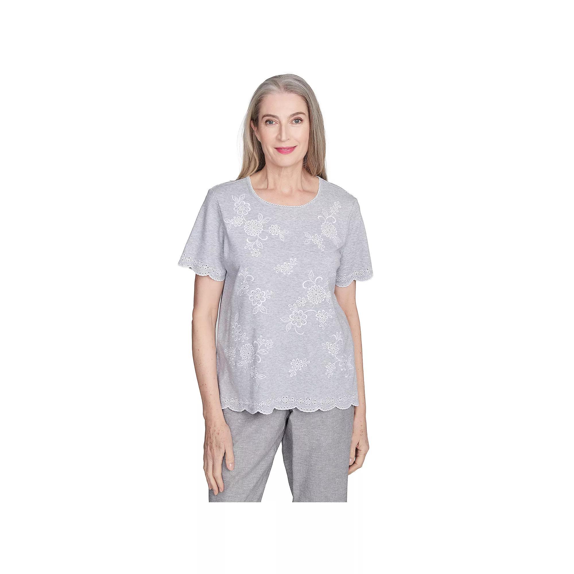 Petite Alfred Dunner Embroidered Tossed Flower Tee, Women's, Size: Medium Petite, Gray Product Image