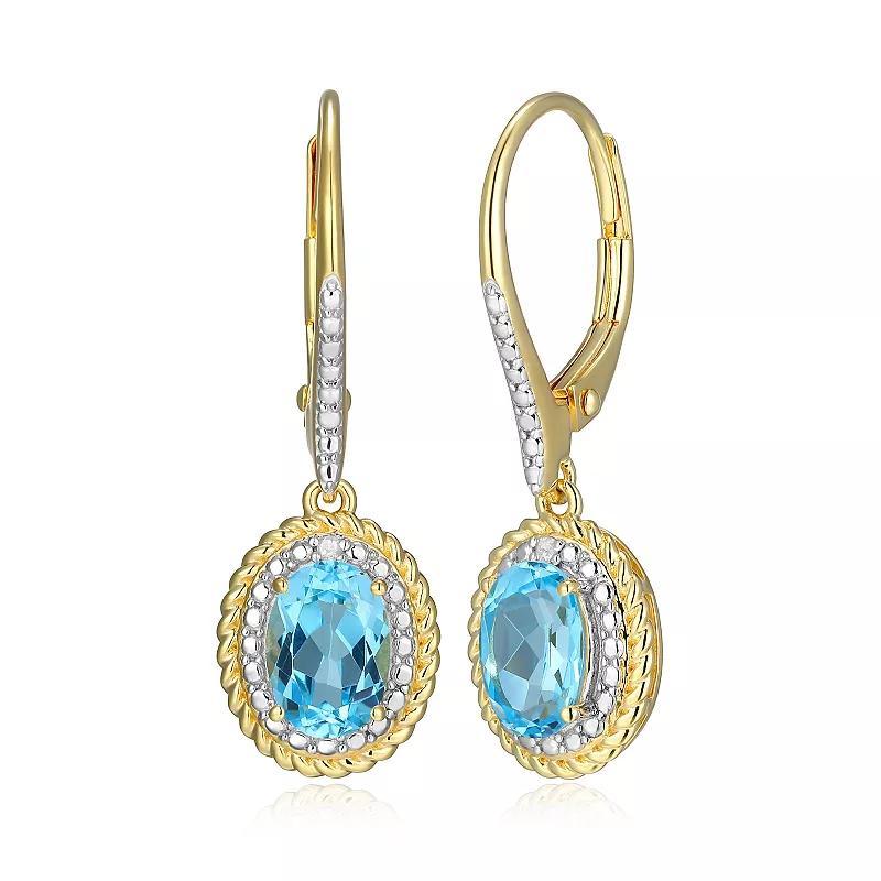 18k Gold Plated Sterling Silver Gemstone & Diamond Accent Halo Leverback Earrings, Women's, Dec Gen Blue Topaz Product Image