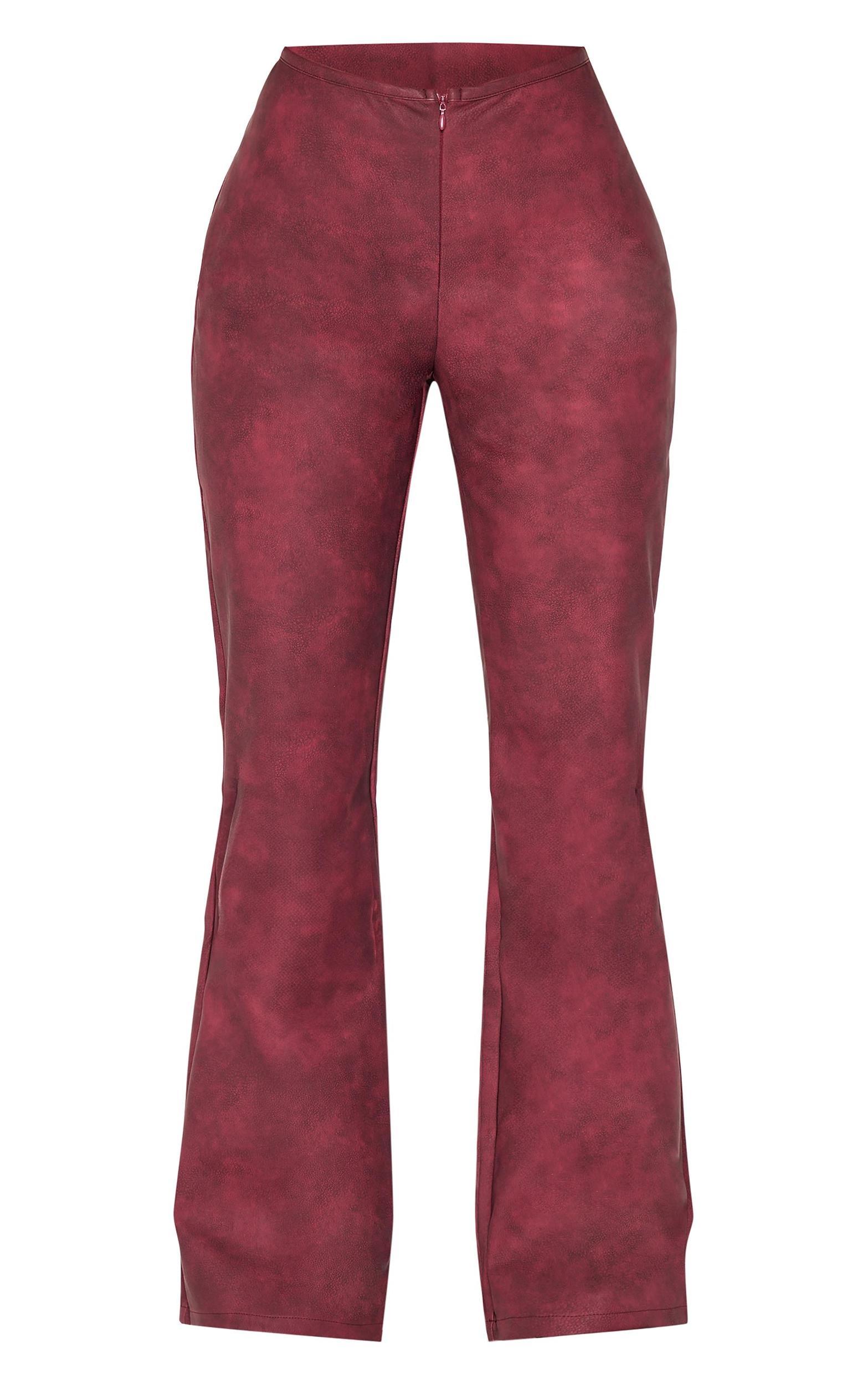 Petite Burgundy Faux Leather Zip Front Flared Pants Product Image