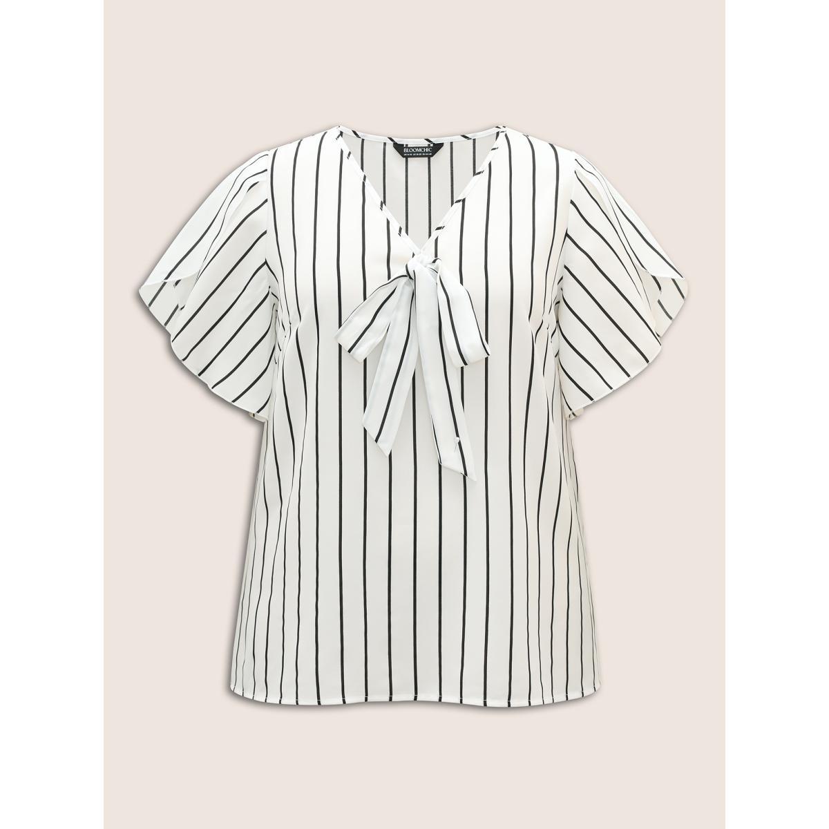 Plus Size Originalwhite Striped Tie Knot Petal Sleeve Blouse Women Work From Home Cap Sleeve V-neck Work Blouses BloomChic 10/M Product Image