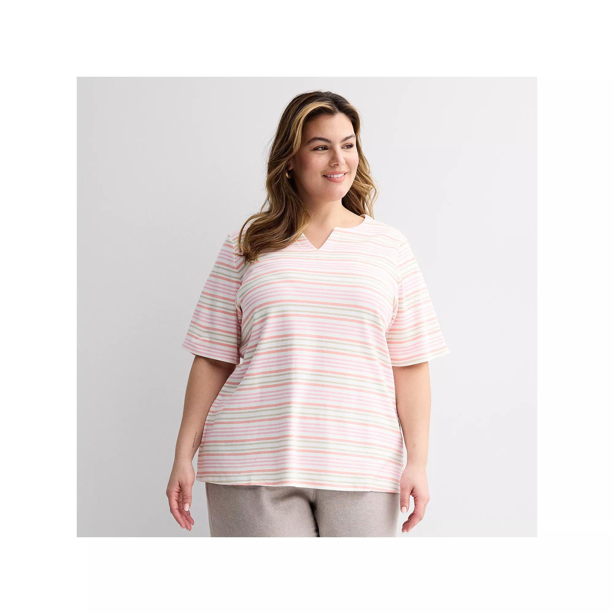 Plus Size Croft & Barrow® Elbow Sleeve Split Neck Top, Women's, Size: 1XL, Blue  Pink Product Image