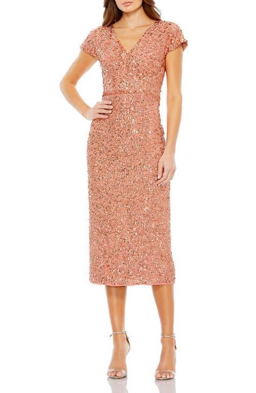 Mac Duggal Sequin Beaded Bodice V-Neck Short Sleeve Midi Dress Product Image