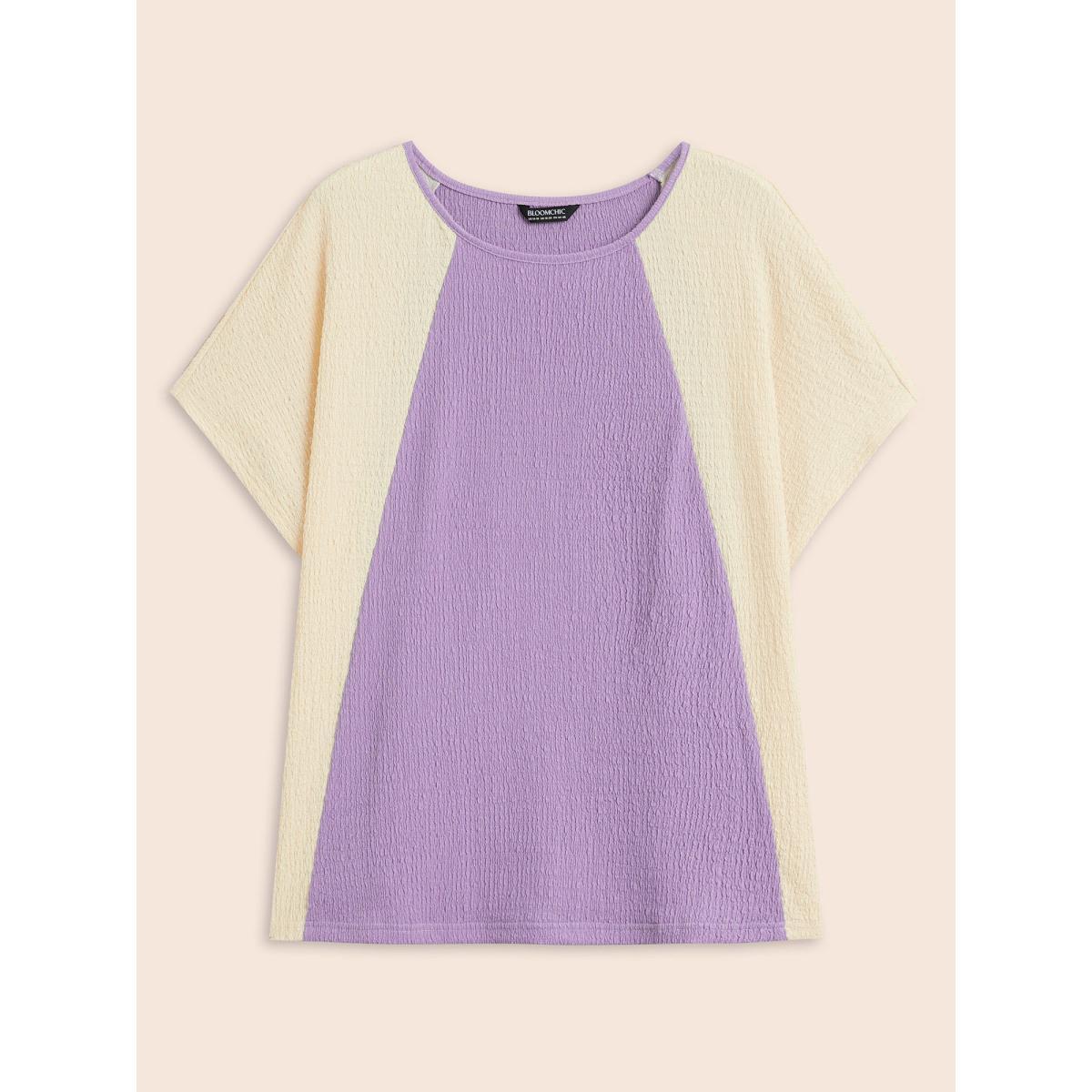 Plus Size Texture Patchwork Contrast Dolman Sleeve T-shirt Lilac Women Elegant Texture Round Neck Everyday T-shirts BloomChic 26/4X Product Image