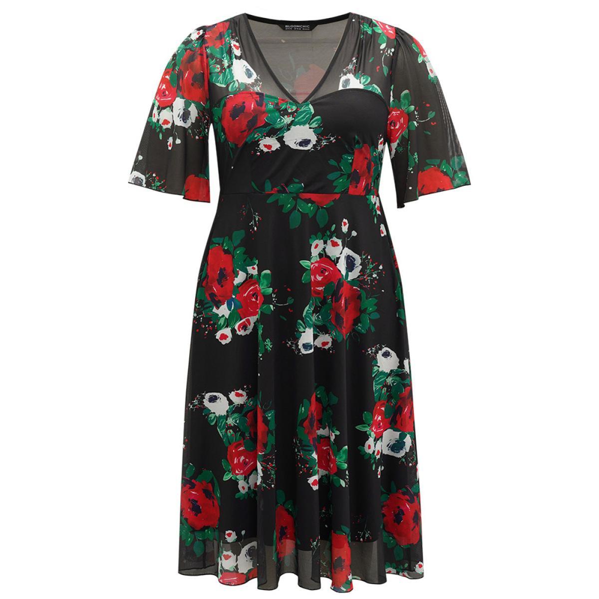 Plus Size Floral Mesh Patchwork Elastic Waist Dress Black Women Cocktail See through V-neck Half Sleeve Curvy Midi Dress BloomChic 10/M Product Image