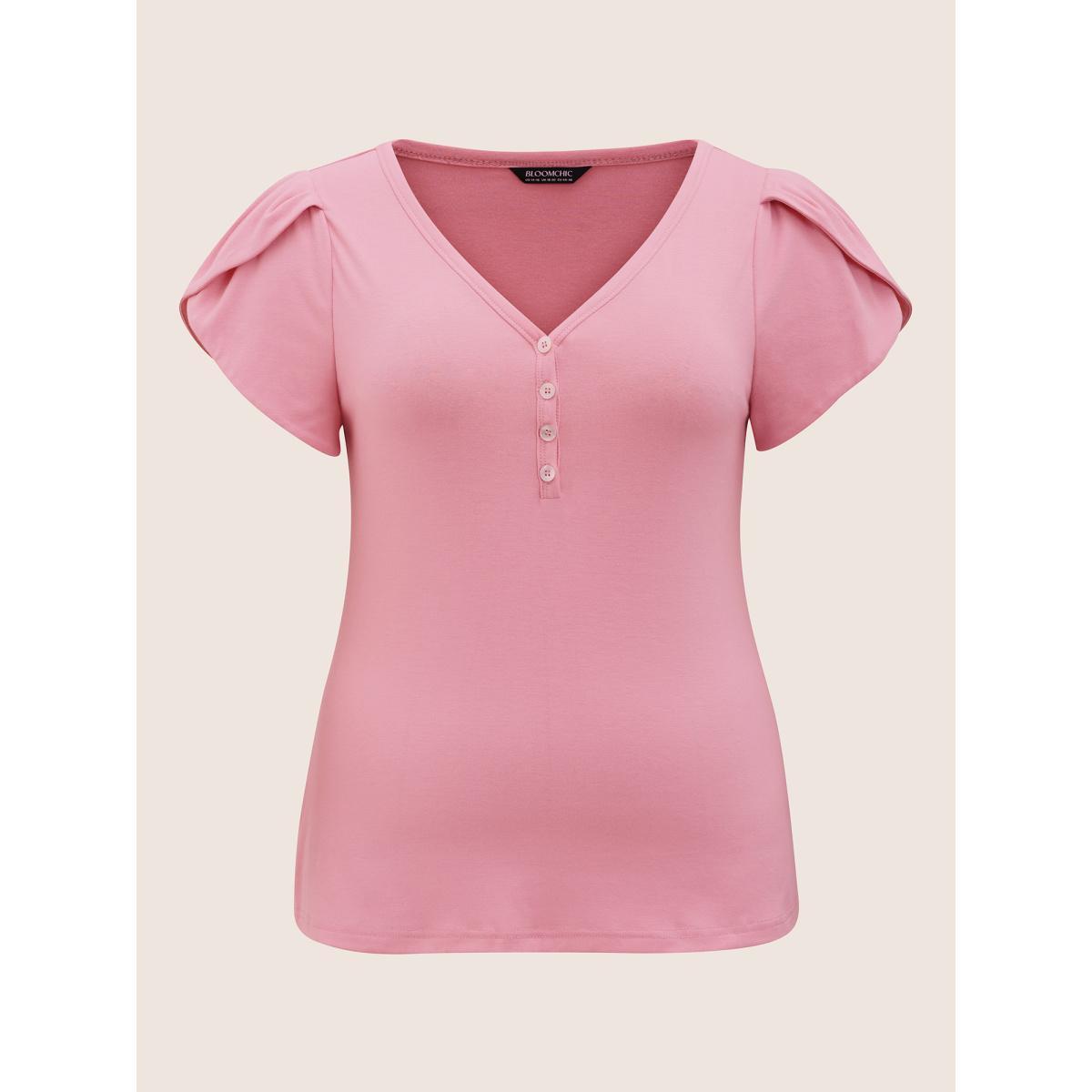 Plus Size Medium stretch Petal Sleeve Button Up T-shirt Watermelon Women Elegant Button V-neck Bodycon Everyday T-shirts BloomChic 18-20/2X Product Image