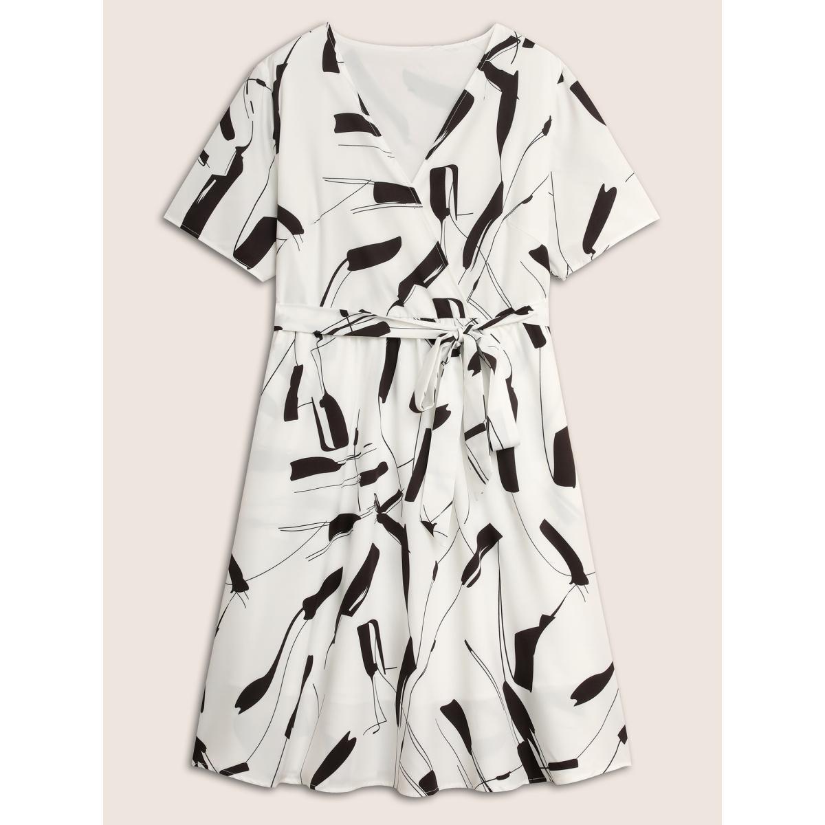 Plus Size Geometric Overlap Collar Belted Midi Dress White Women At the Office Belted Overlap Collar Half Sleeve Curvy BloomChic 26/4X Product Image