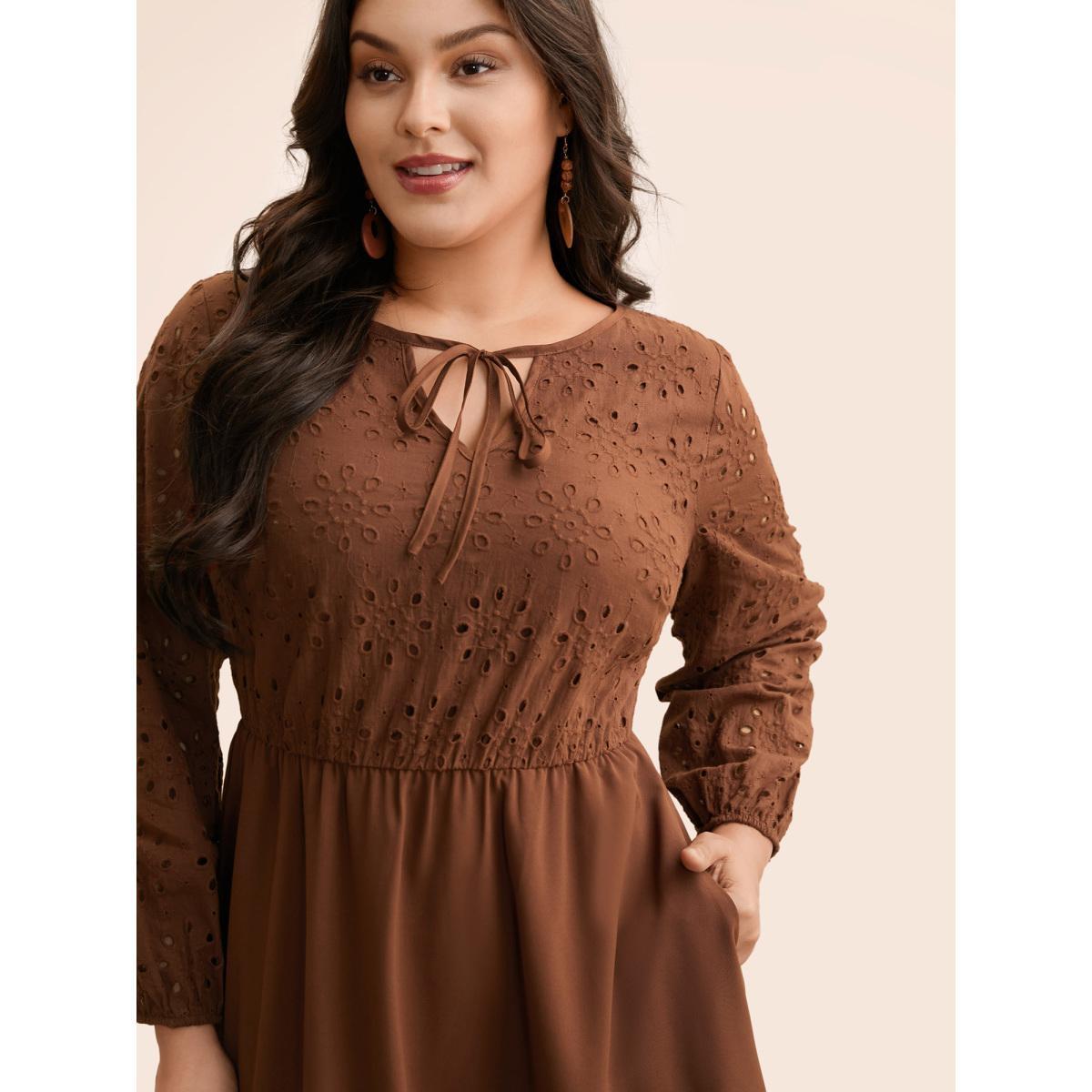 Plus Size Broderie Anglaise Patchwork Tie Knot Dress Browncoffeecolor Women Elegant Patchwork Round Neck Long Sleeve Curvy BloomChic 28/5X Product Image