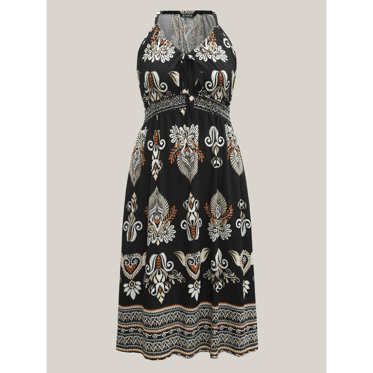 Plus Size Boho Print Pockets Cinched-Waist Midi Dress Black Women V-neck Sleeveless Curvy BloomChic 18-20/2X Product Image