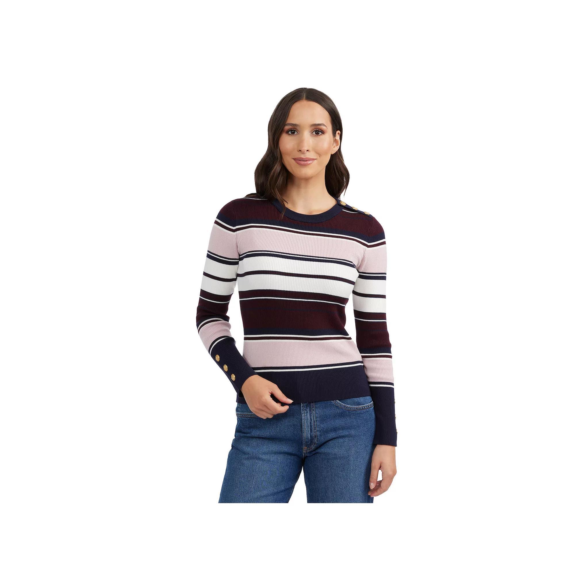 Women's Ellen Tracy Crewneck Button Shoulder Rib Sweater, Size: Medium, Black Team Stripe Product Image