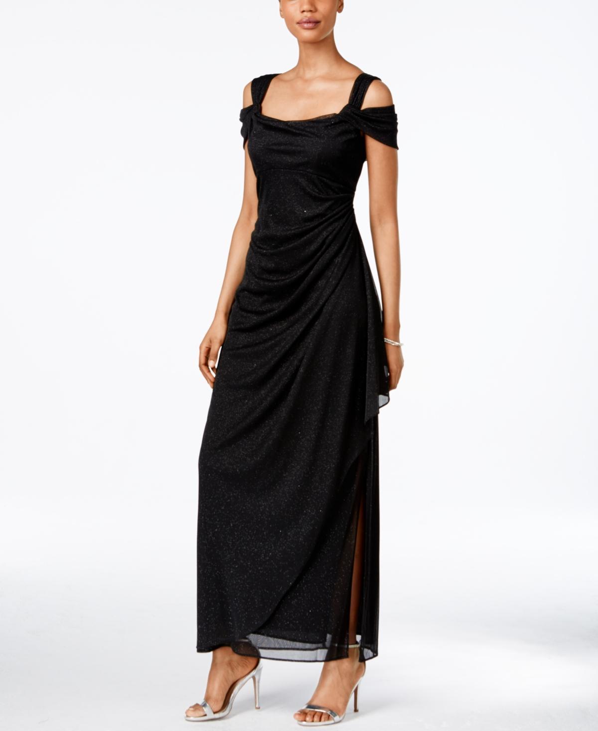 Alex Evenings Glitter Mesh Cowl Neck Cold Shoulder Cap Sleeve Side Slit Ruched Gown Product Image