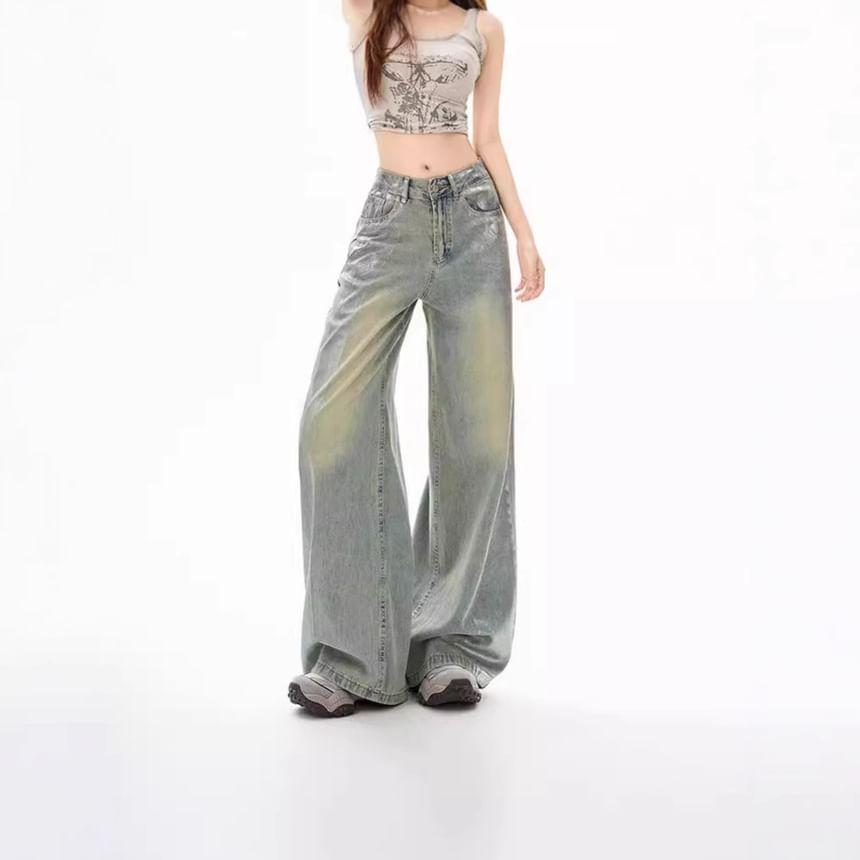 High Rise Washed Silver Pressed Loose-Fit Wide-Leg Jeans Product Image