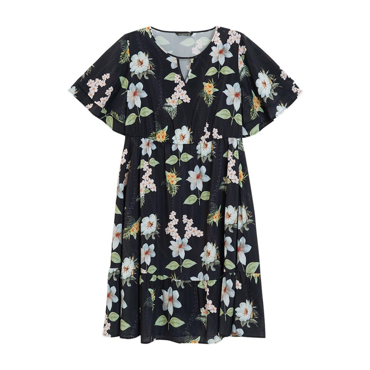 Plus Size Floral Print Ruffle Pocket Keyhole Round Neck Dress BlackFlower Women Elegant Keyhole V-neck Short sleeve Curvy Midi Dress BloomChic 10/M Product Image