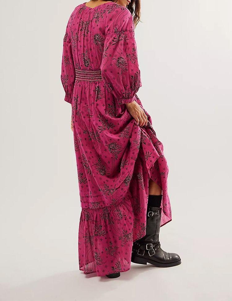Puff-Sleeve V-Neck Floral Print Maxi A-Line Dress Product Image