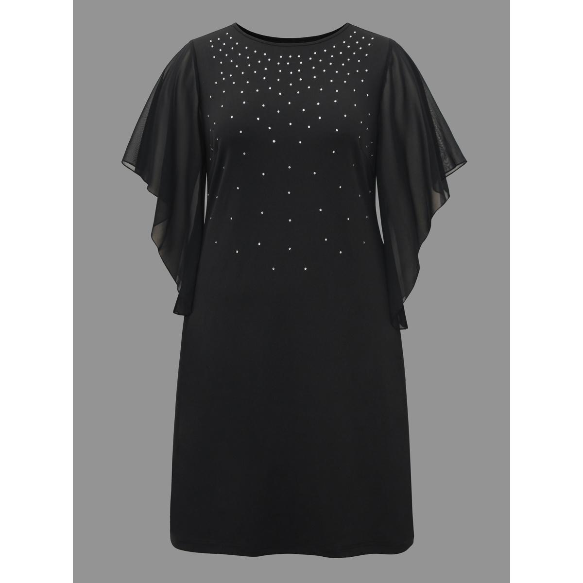 Plus Size Rhinestone Ruffle Sleeve Mesh Patchwork Dress Pureblack Women Cocktail Rhinestone detailing Party Curvy Bloomchic 26/4X Product Image
