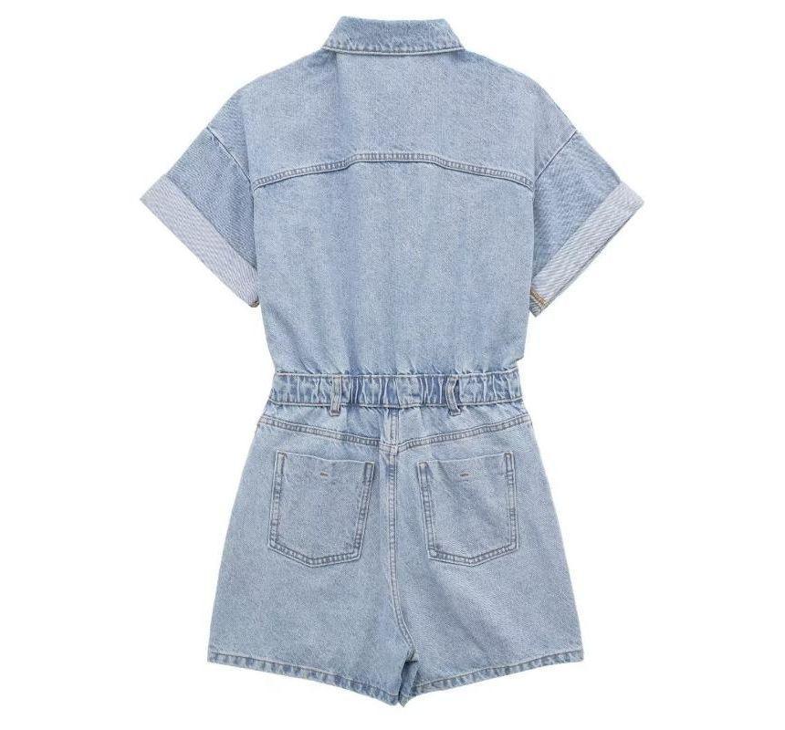 Short-Sleeve Collar Button-Up Denim Romper Product Image
