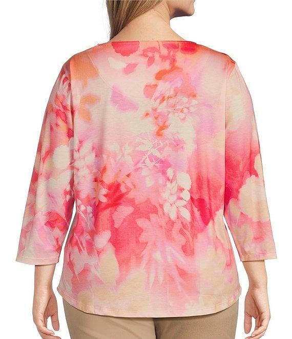 Allison Daley Plus Size Ombre Floral Print 3/4 Sleeve Keyhole Neck Knot Knit Top Product Image