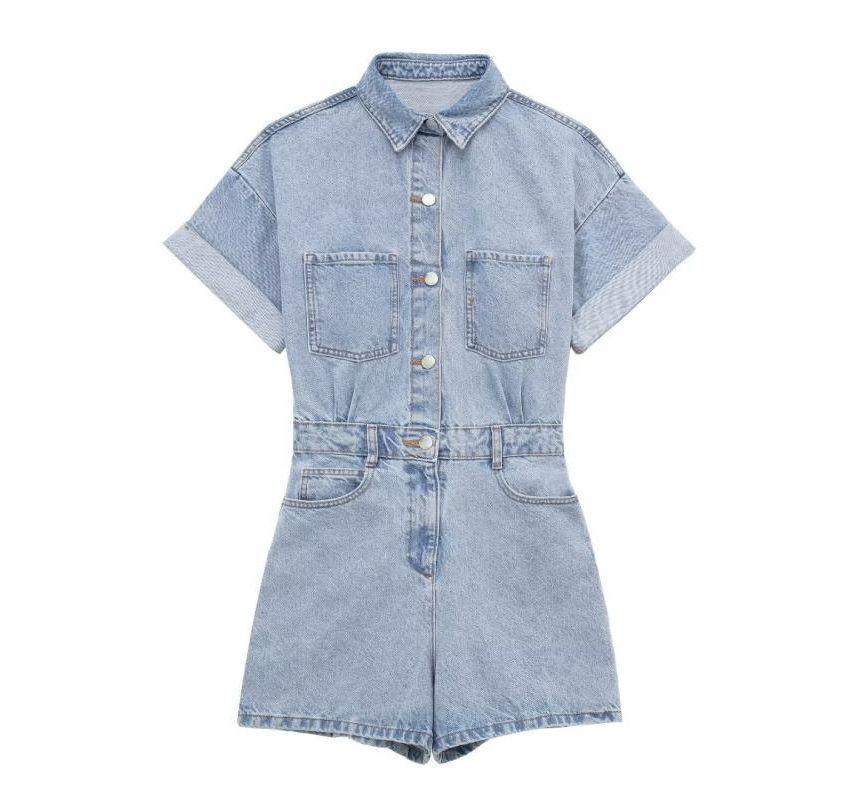 Short-Sleeve Collar Button-Up Denim Romper Product Image