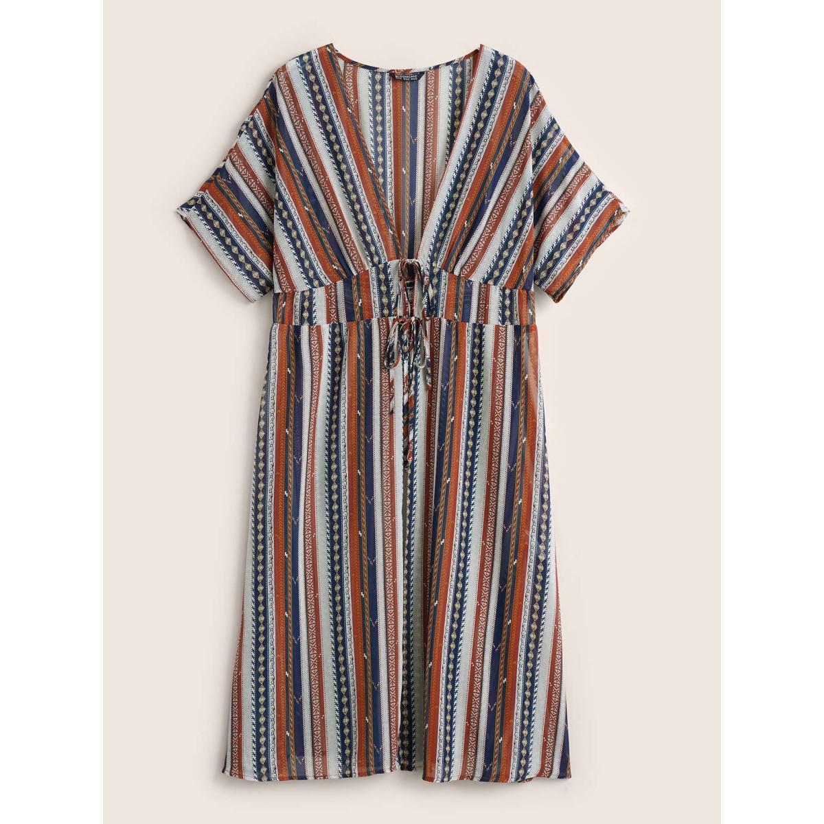 Plus Size Bandana Striped Ties Shirred Elastic Waist Kimono Women DarkBlue Resort Non Vacation Kimonos BloomChic 12/L Product Image