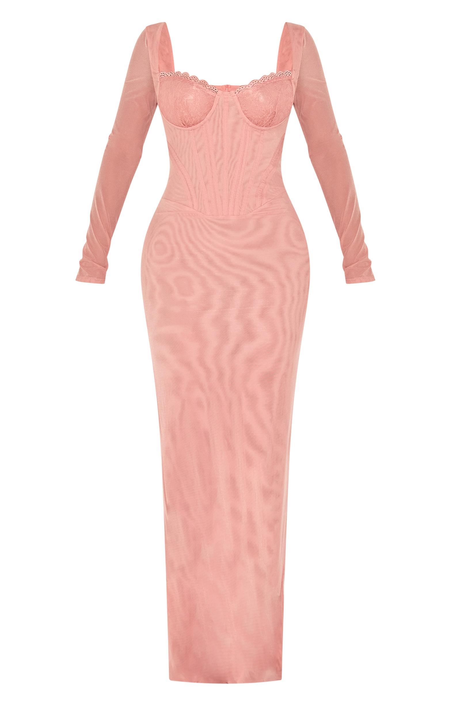 Shape Peach Mesh Lace Insert Corseted Maxi Dress Product Image
