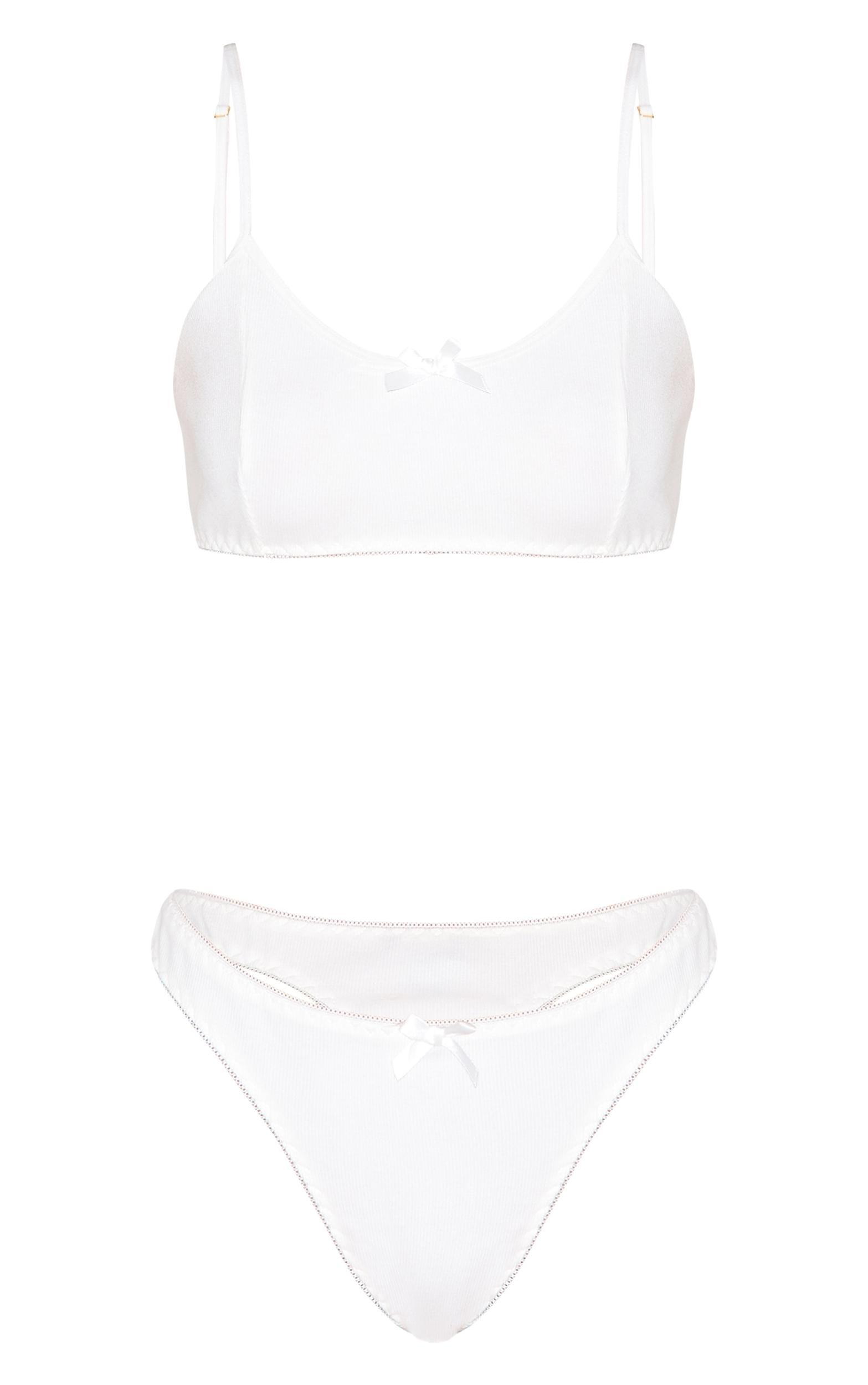 Cream Jersey Ribbed Bralette And Thong Lingerie Set Product Image