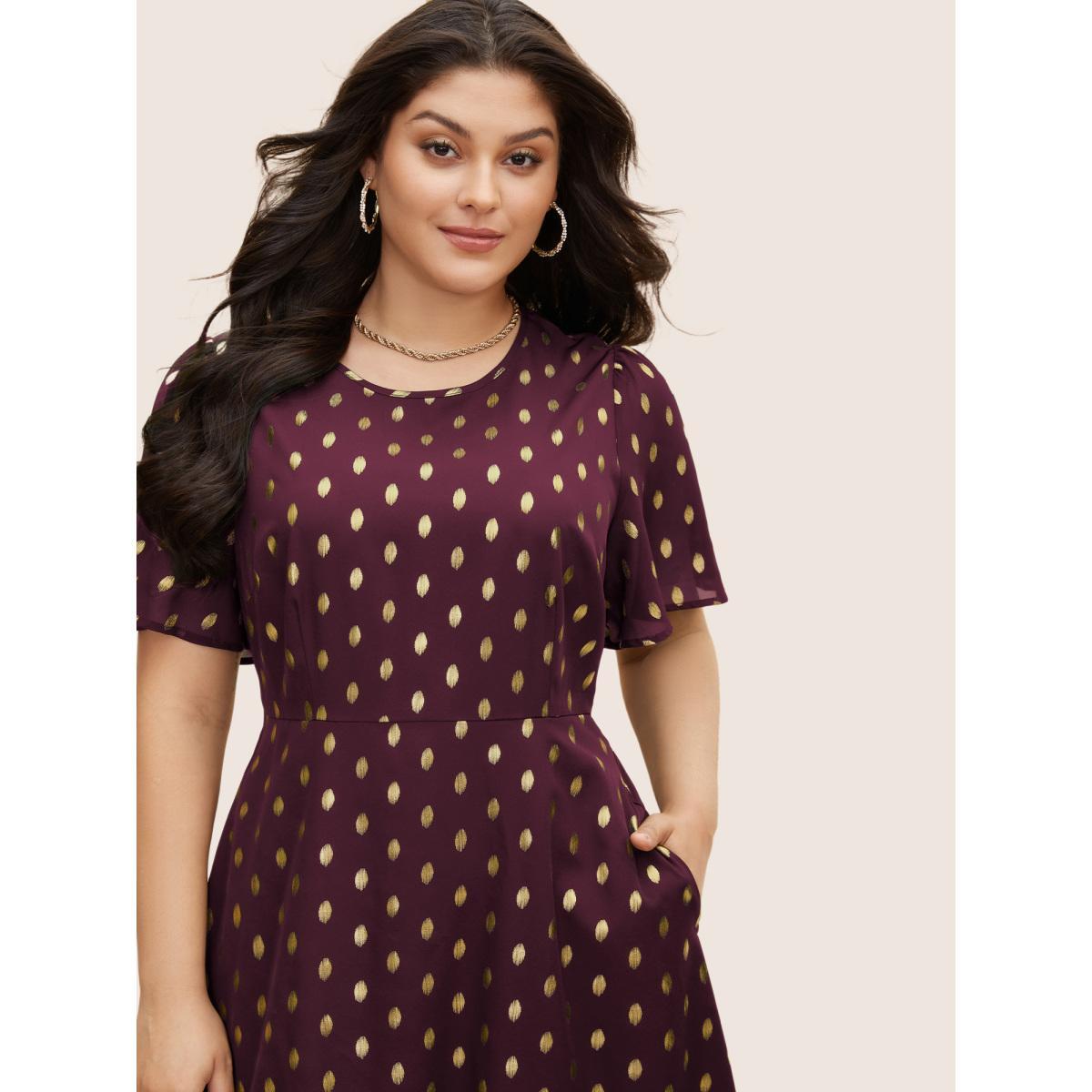Plus Size Glitter Polka Dot Patchwork Ruffles Dress Burgundy Women Cocktail See through Round Neck Short sleeve Curvy BloomChic 30/6X Product Image